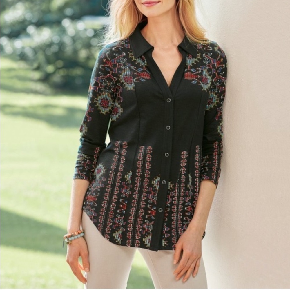 Soft‎ Surroundings Mirasol Snap Down Printed Shirt Sz S black western